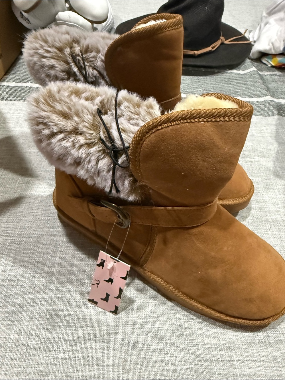 Faux Fur Trim Suede Ankle Boots - Chestnut